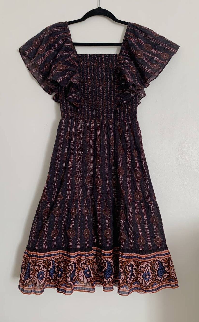 Soleil Floral Midnight Figue Estella Cotton Square Neck Mini Dress XS